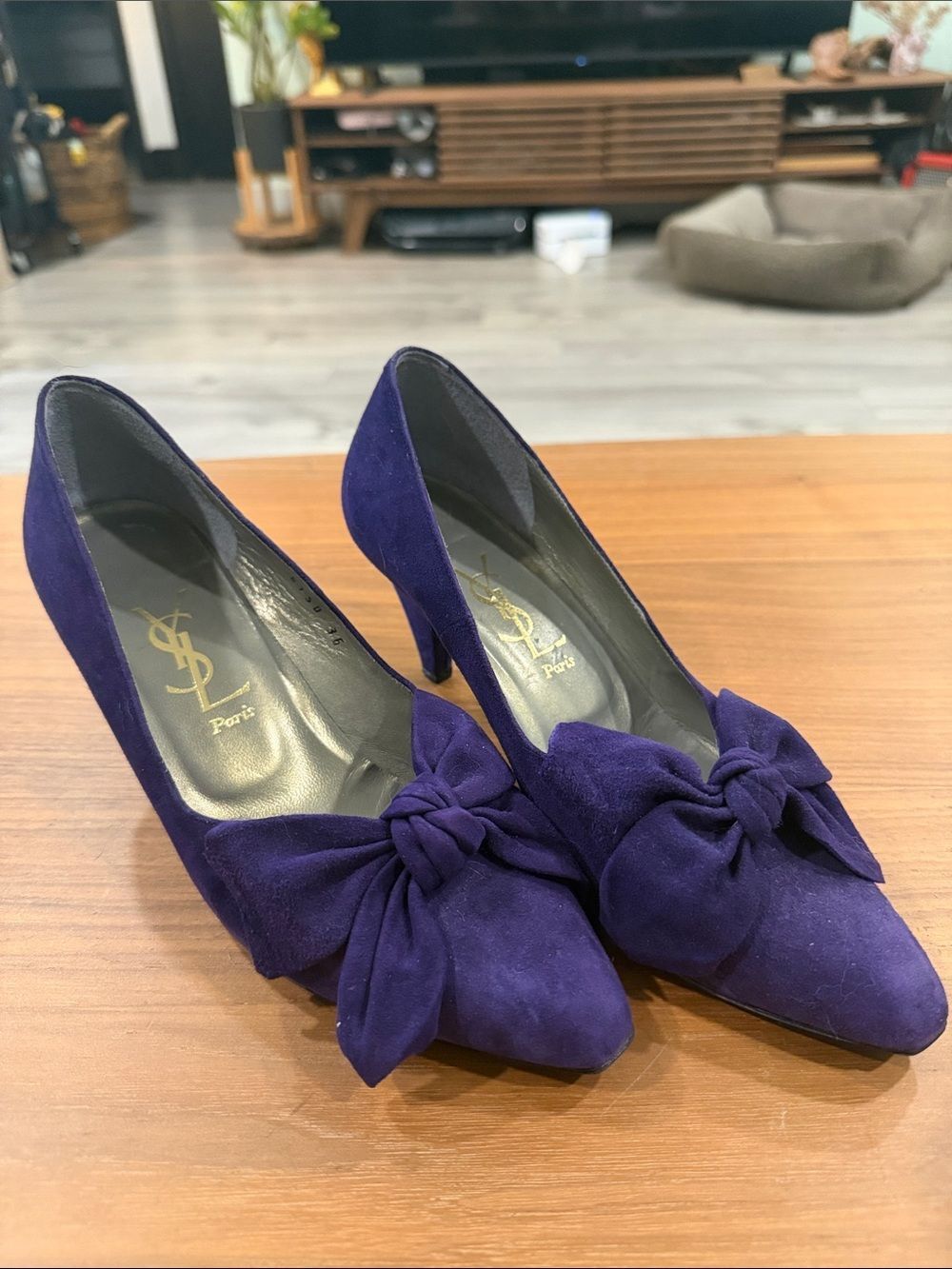 Saint Laurent Deep Purple Suede Bow Pointed-Toe Pumps